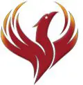 A red bird with its wings spread and the tail of a fire.