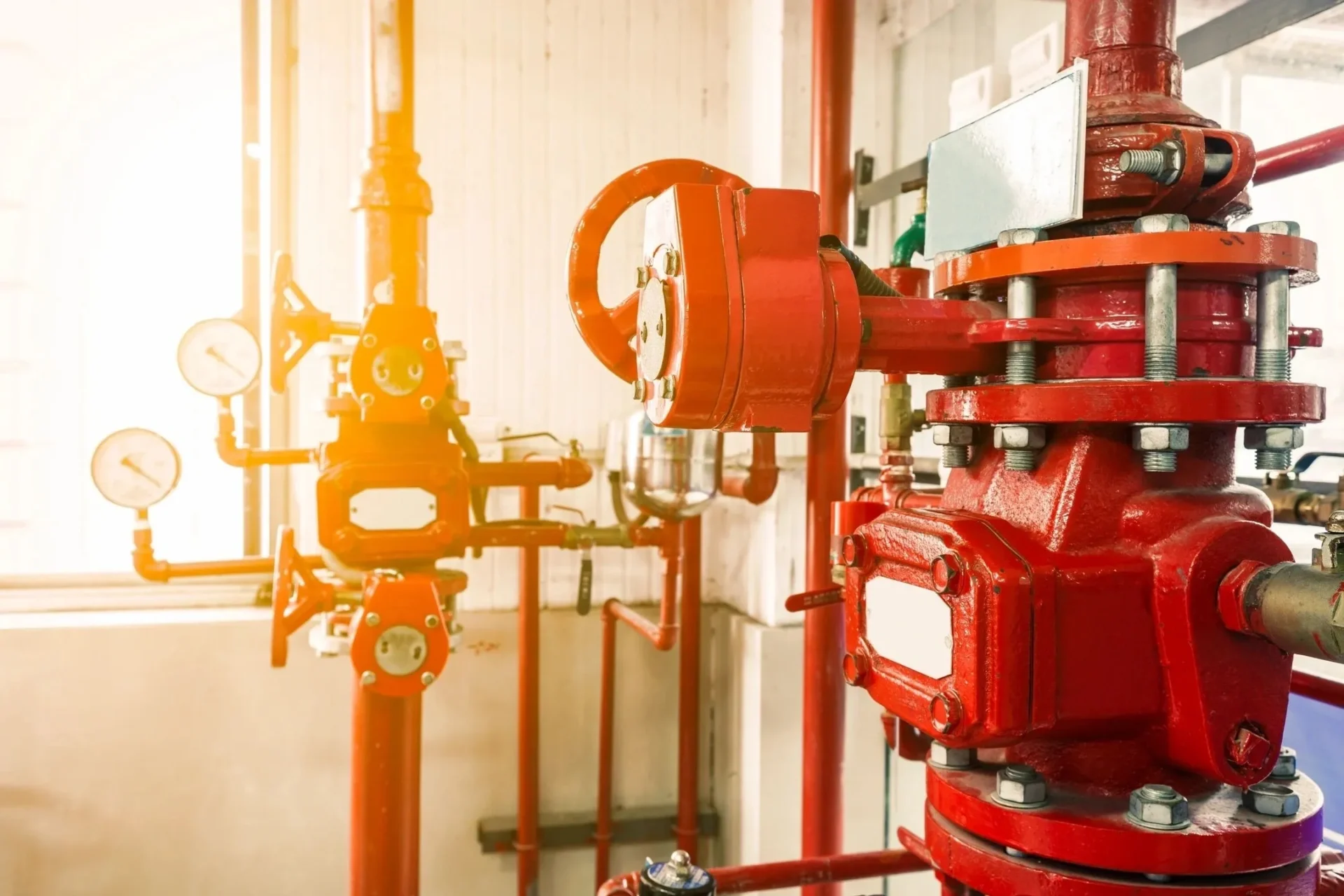 A red fire hydrant and pipes in a building.